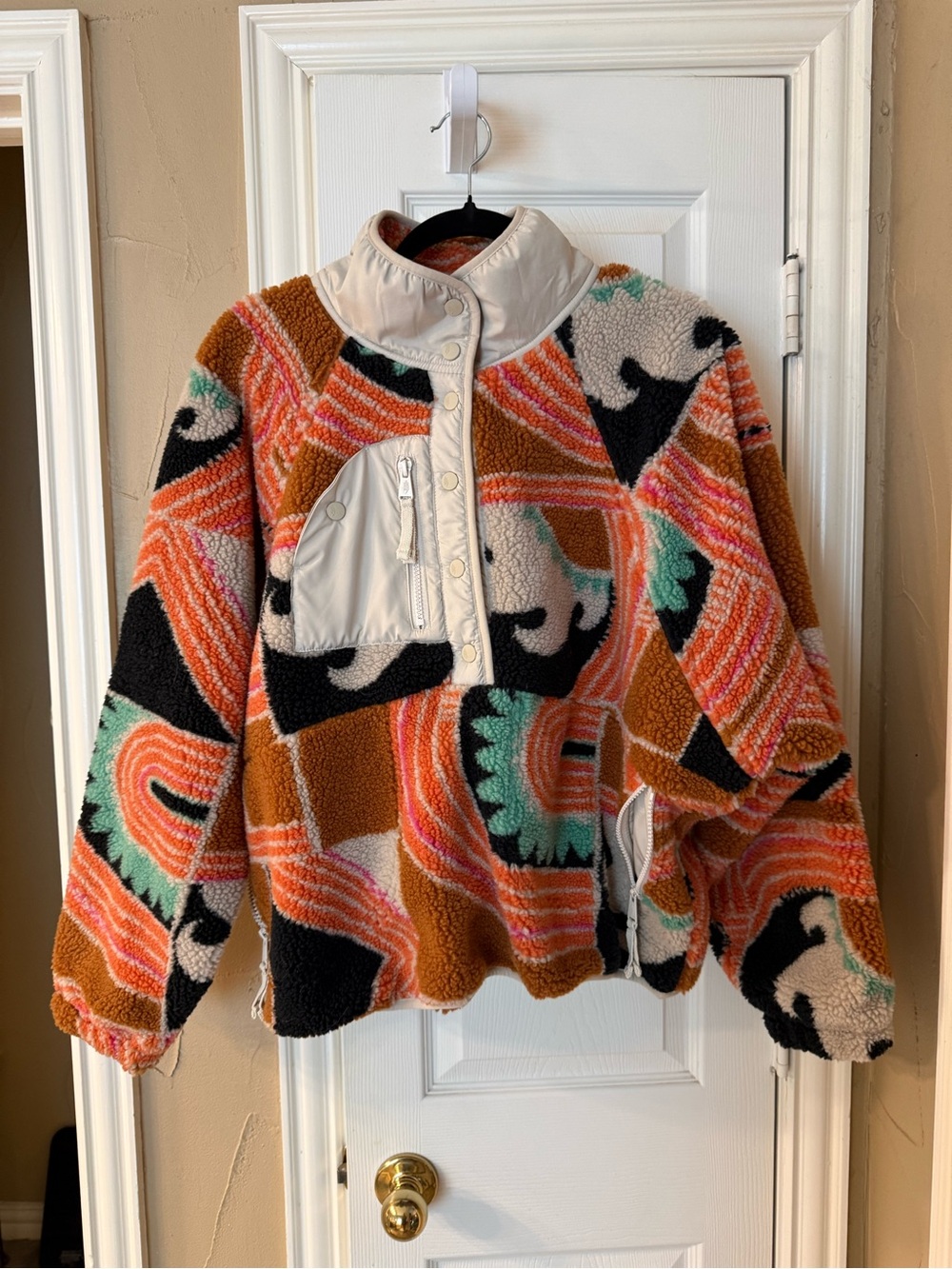 Free People NWT Sherpa Fleece Jacket Orange Multi Retro Rainbow Print Size Large